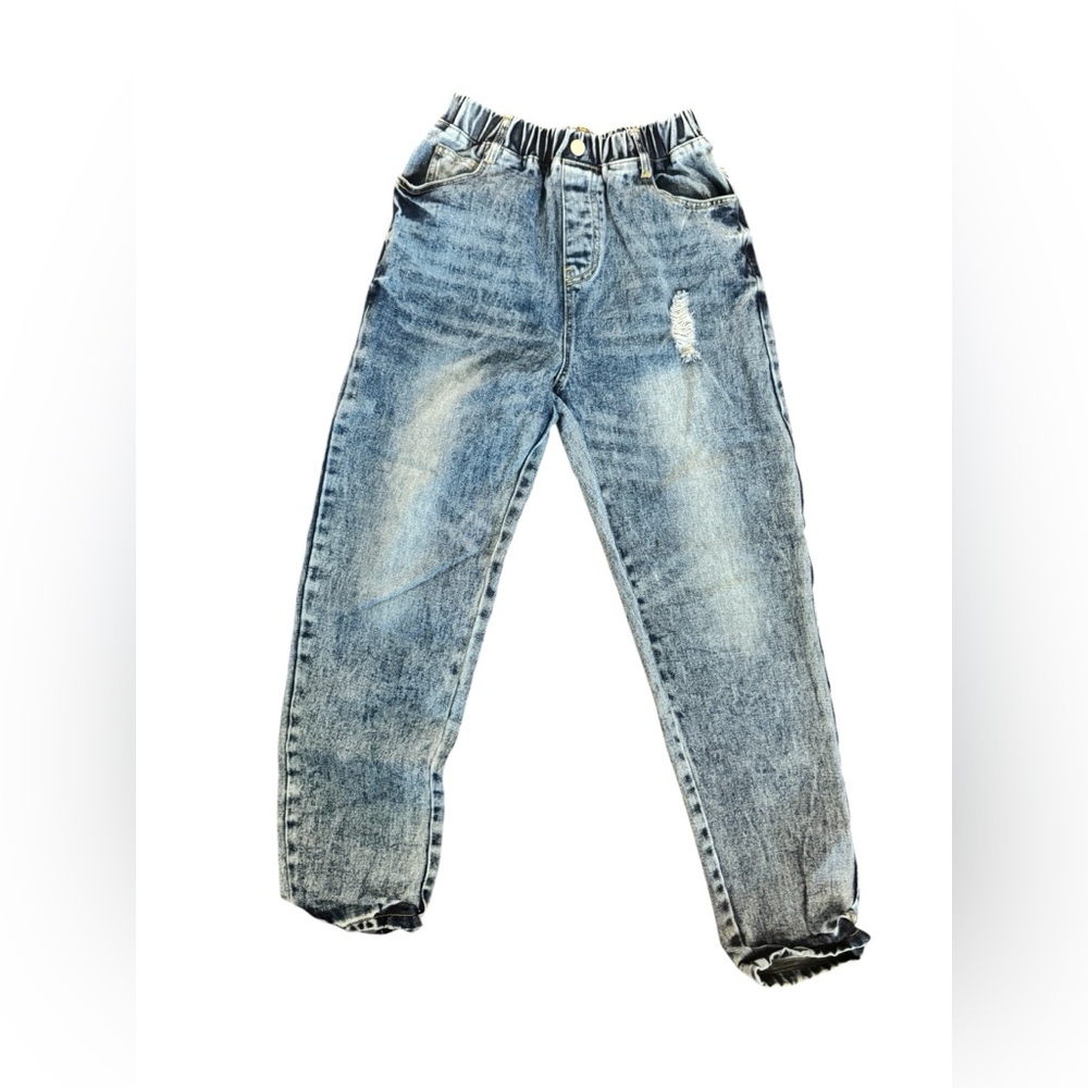 Kids Light Acid Wash Blue Denim Distressed Jeans Baggy Fit